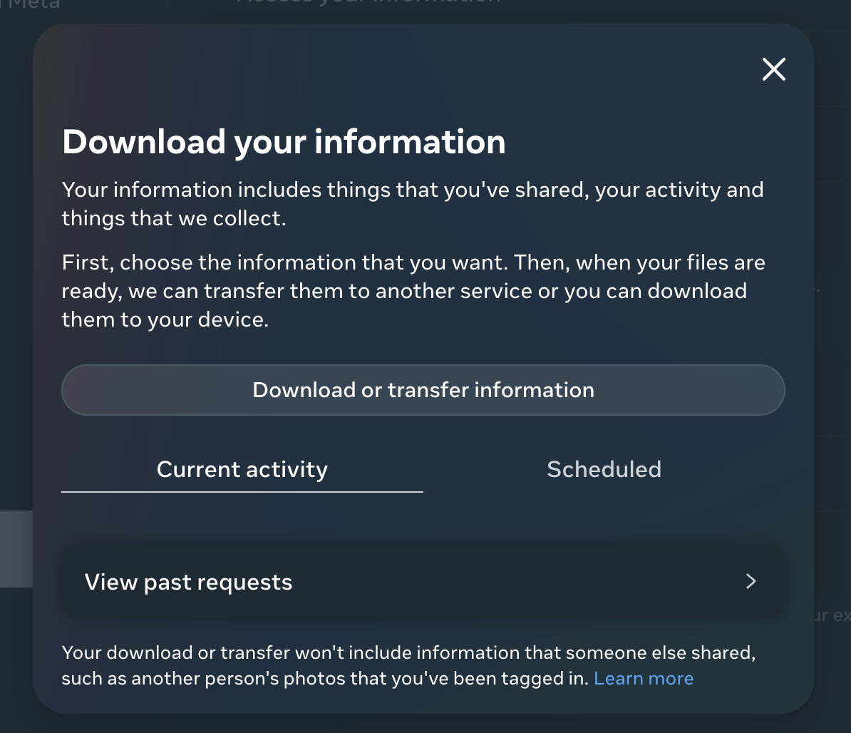 Download your information dialog